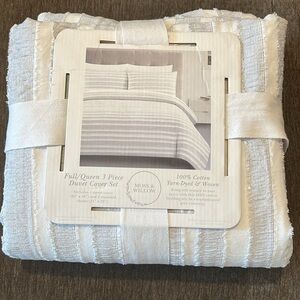 🆕 Moss & Willow 3-PC Textured Neutral Stripes Woven Cotton Duvet Cover Set F/Q